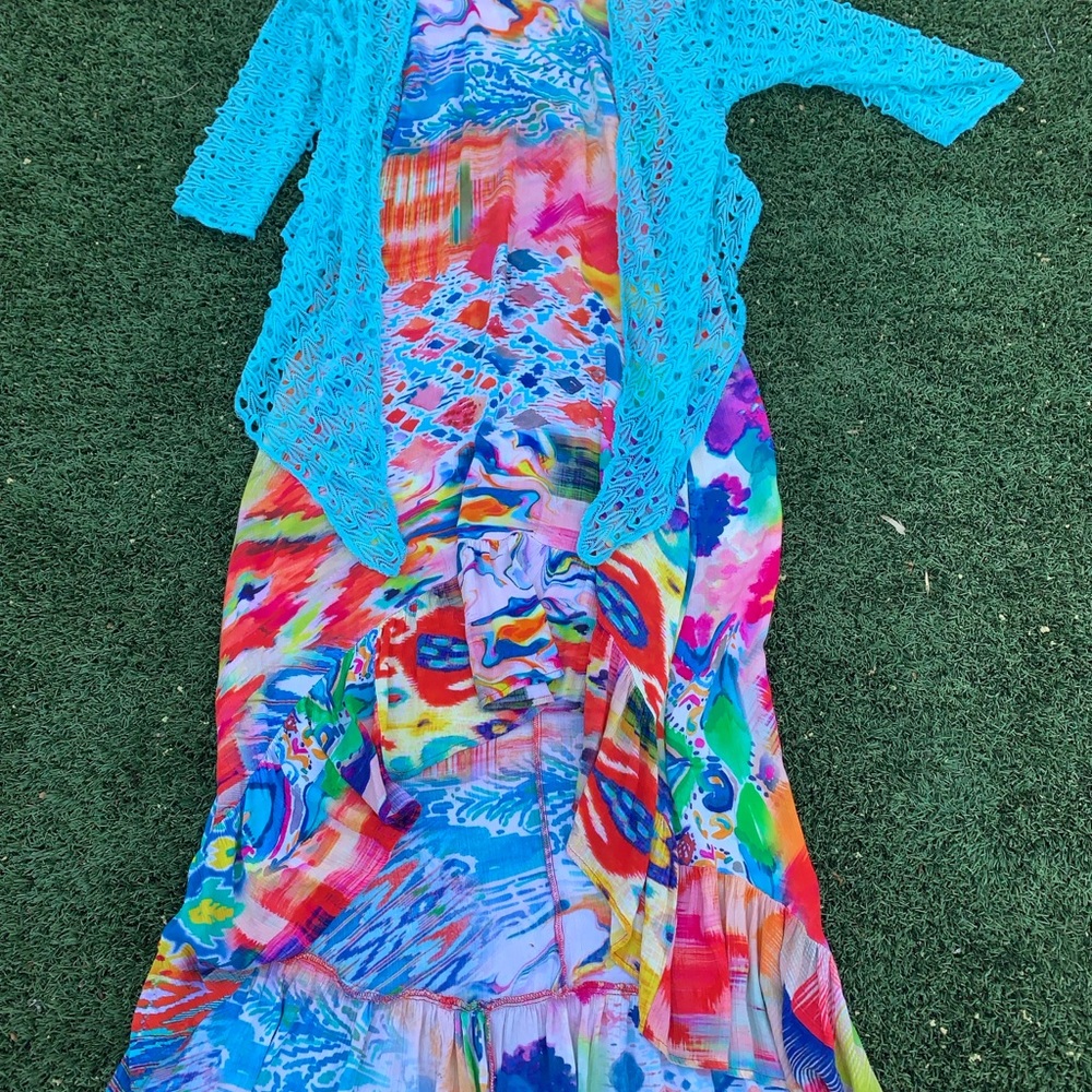 Colorful Maxi Dress with Blue Crochet Cardigan Size SP